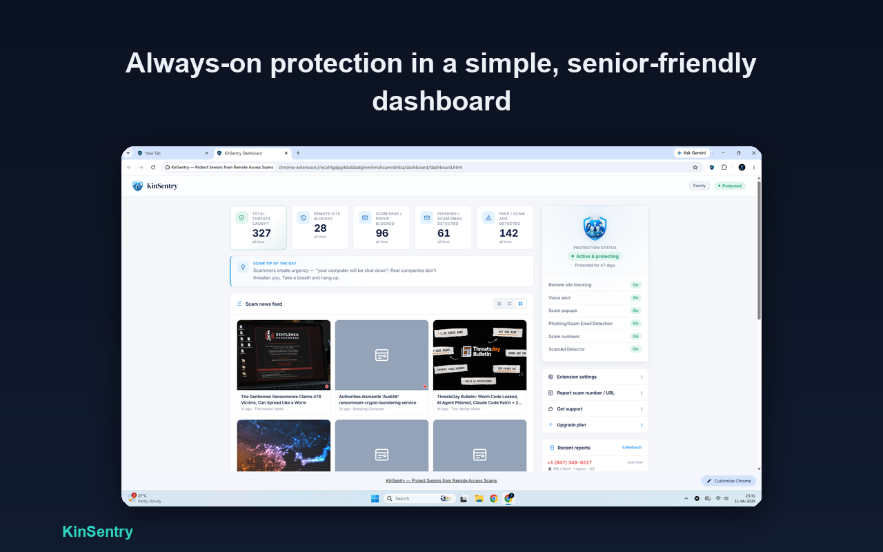The KinSentry dashboard showing threats caught and protection status.