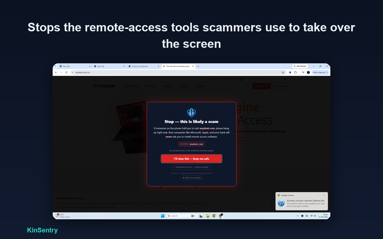 KinSentry blocking a remote-access scam site, with a notification telling the family the device was protected.